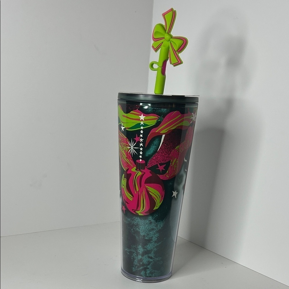 Starbucks 24oz Festive Tumbler with Green and Pink Design with Straw Topper NWT